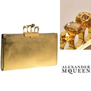 Alexander McQueen Gold Leather Skull Knuckle Flat Clutch